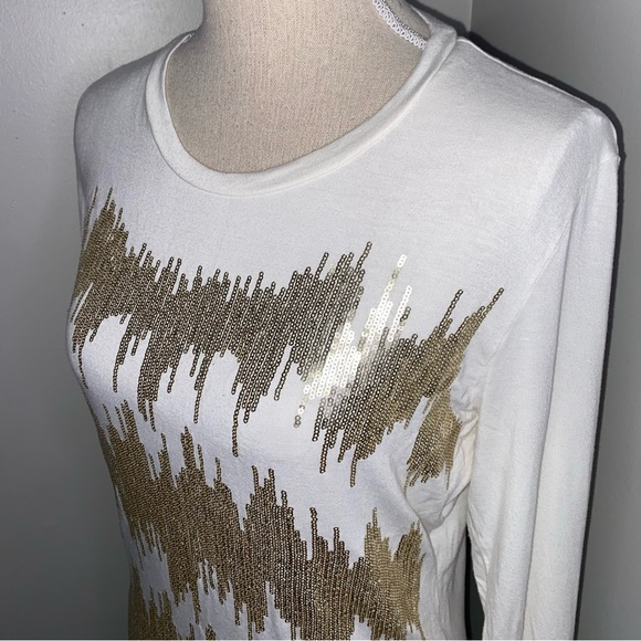 Ann Trinity cream ivory & gold sequin stretch modal 3/4 sleeve shirt size Medium - Picture 2 of 6
